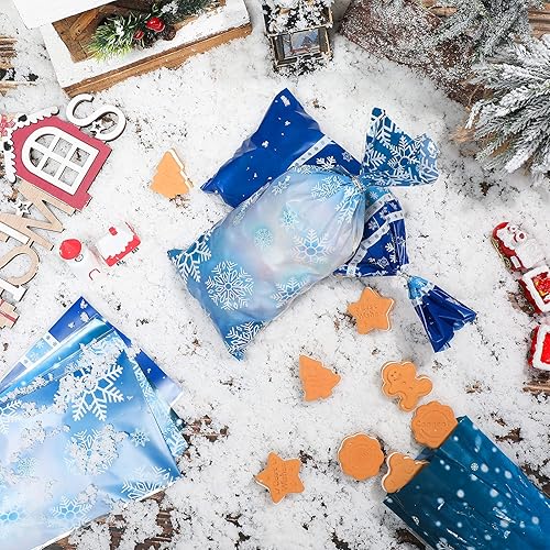 Geyee 100 Christmas Cellophane Bags Snowflake Treat Bags Winter Themed Treat Bags Snowflake Elk Plastic Candy Bags with 200 Pieces Silver Twist Ties for Christmas Party Supplies, 4 Styles