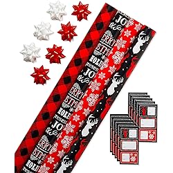 American Greetings Christmas Wrapping Paper Kit with Gridlines, Bows and Gift Tags, Red, Black and White, Plaid, Reindeer and Snowflakes 41-Count, 120 sq. ft.