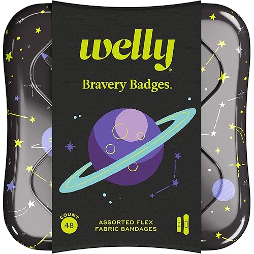 Welly Bandages | Adhesive Flexible Fabric Bravery Badges | Assorted Shapes for Minor Cuts, Scrapes, and Wounds | Colorful and Fun First Aid Tin | Space Patterns - 48 Count