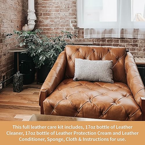 Furniture Clinic Large Leather Care Kit | Includes 17oz Protection Cream & Conditioner, 17oz Leather Cleaner, Sponge & Cloth | for Leather Furniture, Chairs, More
