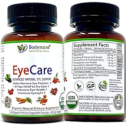 EyeCare All-Natural USDA Organic Eye Care Supplement for Eye Floaters Dry Eyes Eyesight Eye Health | 60 Days Supply | Synergistic Blend by Bodymune | 100% Vegan Gluten-Free Non GMO