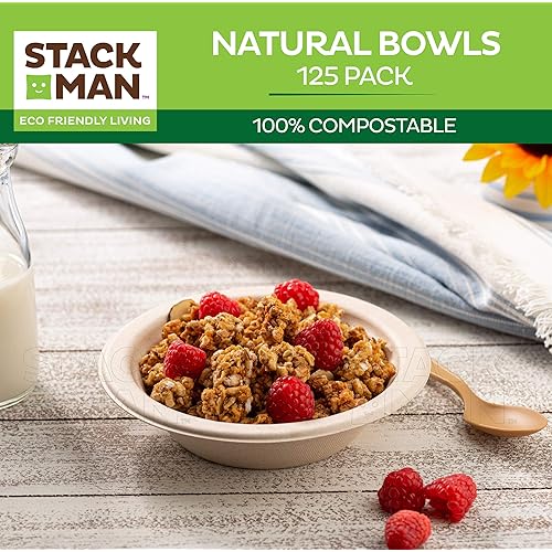 100% Compostable 16 oz. Paper Bowls [125-Pack] Heavy-Duty Disposable, Bulk Pack, Eco-Friendly Natural Unbleached Bagasse, Hot or Cold Use, Biodegradable Made of Sugar Cane Fibers