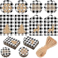 200 Pieces Christmas Gift Tags Buffalo Plaid Name Tags Vintage Kraft Hang Labels Rustic with String White Black Plaid Snowflake Christmas Tree Elk Present Tag with 66 Feet Twine Rope for Christmas