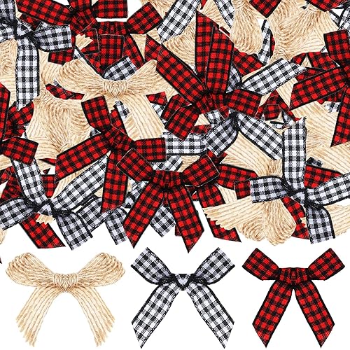 300 Pieces Christmas Mini Buffalo Plaid Bows Black White and Black Red Gingham Small Ribbon Bow Burlap Twist Tie Bows Tiny Christmas Checkered Natural Bow for Xmas Tree Hair Bow Gift Craft Supplies