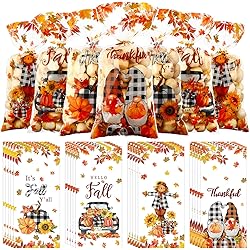 200 Pieces Thanksgiving Treat Bags Fall Cellophane Favor Bags Autumn Plaid Treat Bags Maple Leaves Pumpkin Fall Candy Bags with Twist Ties for Thanksgiving Fall Autumn Party Supplies