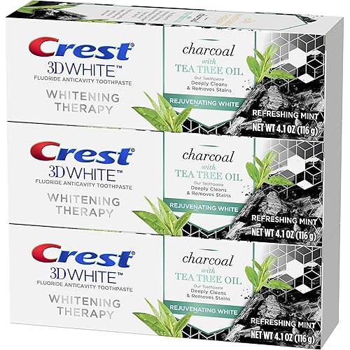 Crest Charcoal 3D White Toothpaste, Whitening Therapy, with Tea Tree Oil, Refreshing Mint Flavor, 4.1 oz, Pack of 3