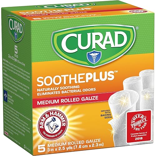 CURAD SoothePLUS Rolled Gauze with ARM & Hammer Baking Soda, 3" x 2.5 yds, 5 Count