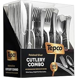 Plastic Silverware Set- Silver Flatware Set- Heavy Duty Cutlery Set - Bulk Combo Value Pack 160 count 40 Knives 80 Forks 40 Spoons Party Supplies - Tepco Settings