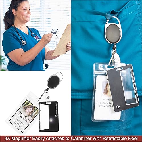 2 Credit Card Size Fresnel Lens 3x Lighted Magnifiers, Ideal Pocket Magnifier for Reading, Reading Magnifier for Menus, Magnifying Glass with Light or Accessory for ID Badge Holder Retractable Lanyard