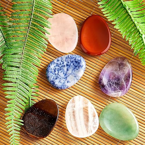 7 Pcs Teardrop Thumb Anxiety Worry Stone Colorful Healing Crystal Pocket Palm Stone Water Drop Shaped Chakra Stones Hand Carved Healing Stones Gemstone Worry Beads for Meditation Anxiety Stress Relief