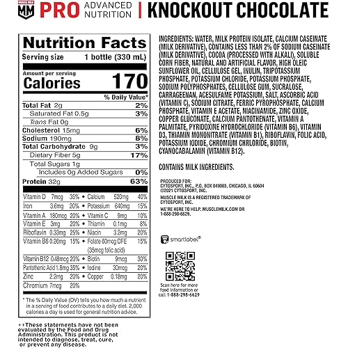 Muscle Milk Pro Advanced Nutrition Protein Shake, Knockout Chocolate, 11.16 Fl Oz Bottle, 12 Pack, 32g Protein, 1g Sugar, 16 Vitamins & Minerals, 5g Fiber, Workout Recovery, Energizing Snack, Packaging May Vary