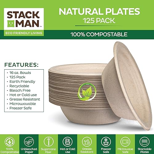 100% Compostable 16 oz. Paper Bowls [125-Pack] Heavy-Duty Disposable, Bulk Pack, Eco-Friendly Natural Unbleached Bagasse, Hot or Cold Use, Biodegradable Made of Sugar Cane Fibers