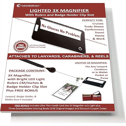 2 Credit Card Size Fresnel Lens 3x Lighted Magnifiers, Ideal Pocket Magnifier for Reading, Reading Magnifier for Menus, Magnifying Glass with Light or Accessory for ID Badge Holder Retractable Lanyard