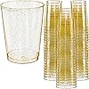 Glitter Disposable Cups | 10 oz. 50 Pack | Clear Plastic Cups | Gold Glitter Plastic Party Cups | Disposable Plastic Wine Glasses for Parties | Plastic Cocktail Glasses | Wedding Holiday Tumblers