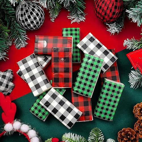 30 Pack Merry Christmas Pocket Facial Tissues Holiday Pocket Tissues Buffalo Plaid Tissues Travel Size Red Green White Black Plaid Printed Tissue Paper for Christmas Party Favor, 3 Layers, 300 Tissues