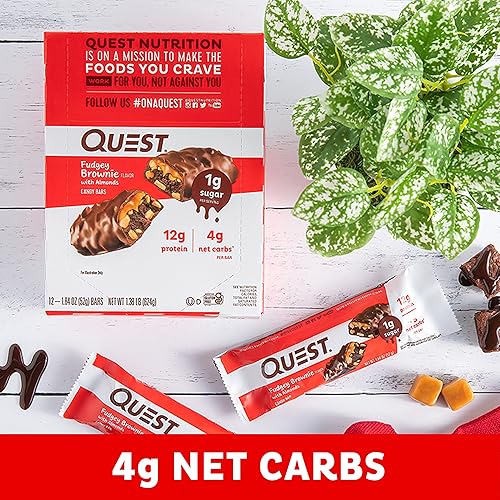 Quest Nutrition Fudgey Brownie Candy Bars, High Protein, Low Carb, 1g Sugar, 12 Count