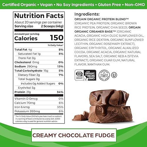 Orgain Organic Plant Based Protein Powder, Peanut Butter - Vegan, Low Net Carbs, 2.03 Pound & Organic Plant Based Protein Powder, Creamy Chocolate Fudge - Vegan, Low Net Carbs, Non Dairy, 2.03 Pound
