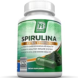 BRI Spirulina 2000mg Maximum Strength Premium Quality Spirulina Superfood Powder, Packed w Antioxidants, Protein and Vitamins in Easy to Swallow Vegetable Cellulose Capsules 120 Count