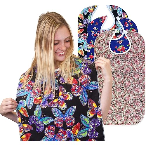 RMS 3 Pack Adult Bib Washable Reusable Waterproof Clothing Protector with Optional Crumb Catcher and Vinyl Backing 34"X18" ButterflyBlue RoseHeritage