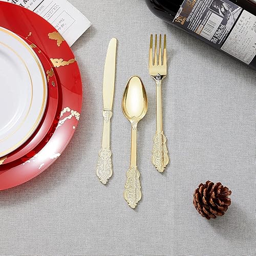 N9R 300pcs Gold Plastic Silverware Dinnerware Flatware- Heavyweight Gold Plastic Cutlery Set, 100 Gold Forks, 100 Gold Spoons, 100 Gold Knives, Gold Utensils for Party, Wedding,Birthday