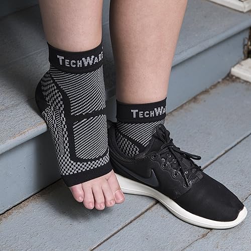 TechWare Pro Ankle Brace Compression Sleeve - Relieves Achilles Tendonitis, Joint Pain. Plantar Fasciitis Sock with Foot Arch Support Reduces Swelling & Heel Spur Pain. Injury Recovery for Sports