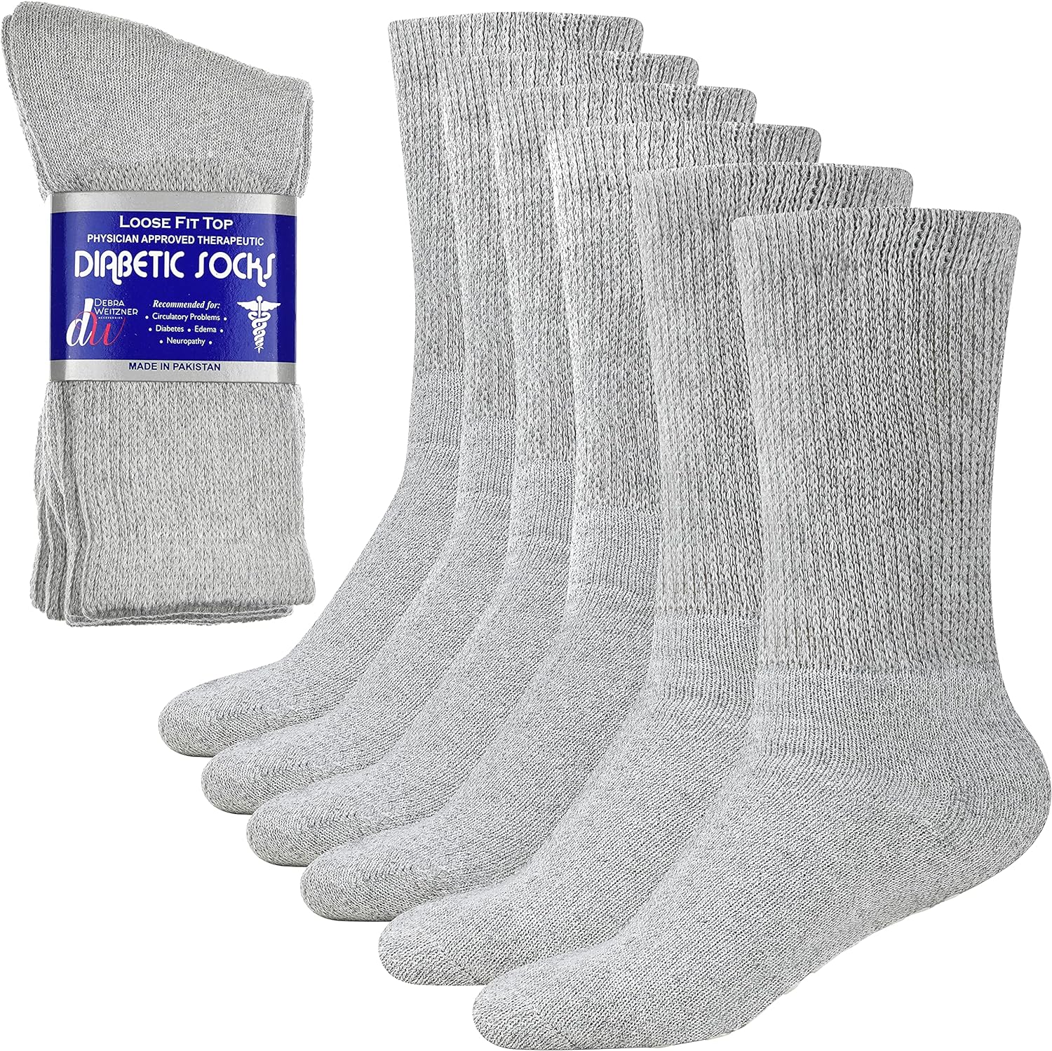 Diabetic Socks for Mens Womens Loose Fit Non-Binding Cotton Crew Socks 6 Pairs